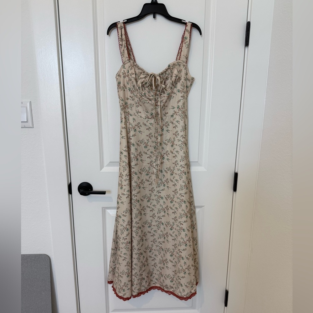 Floral Beige Slip Dress with Lace Trim